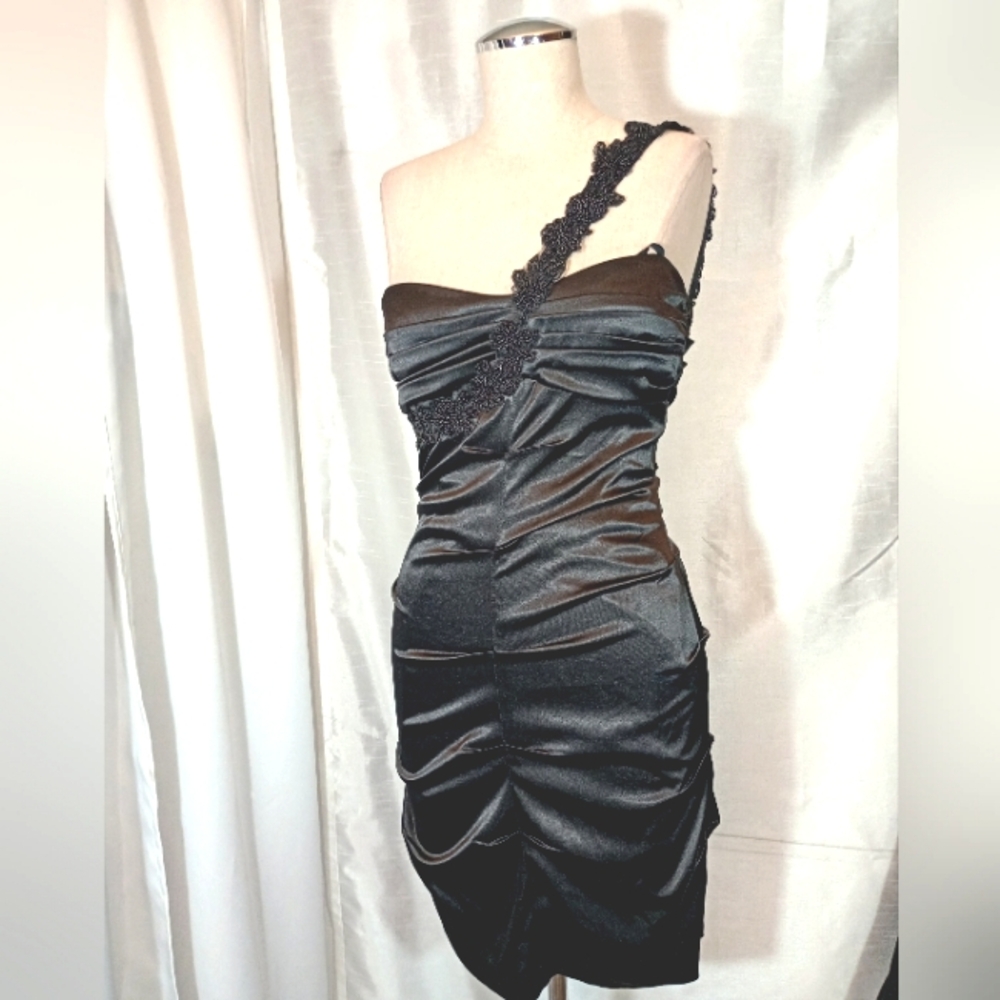 B. Darlin Vintage Formal, Black Satin Mini Dress Beaded 1 Strap, Pleated,Midi,5